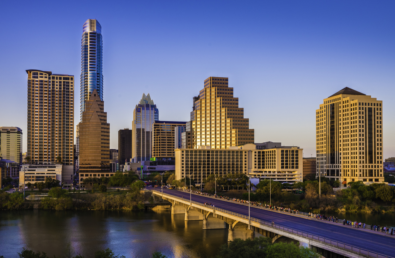 Austin Texas cityscape skyline panorama, Congress Avenue Bridge, late afternoon
