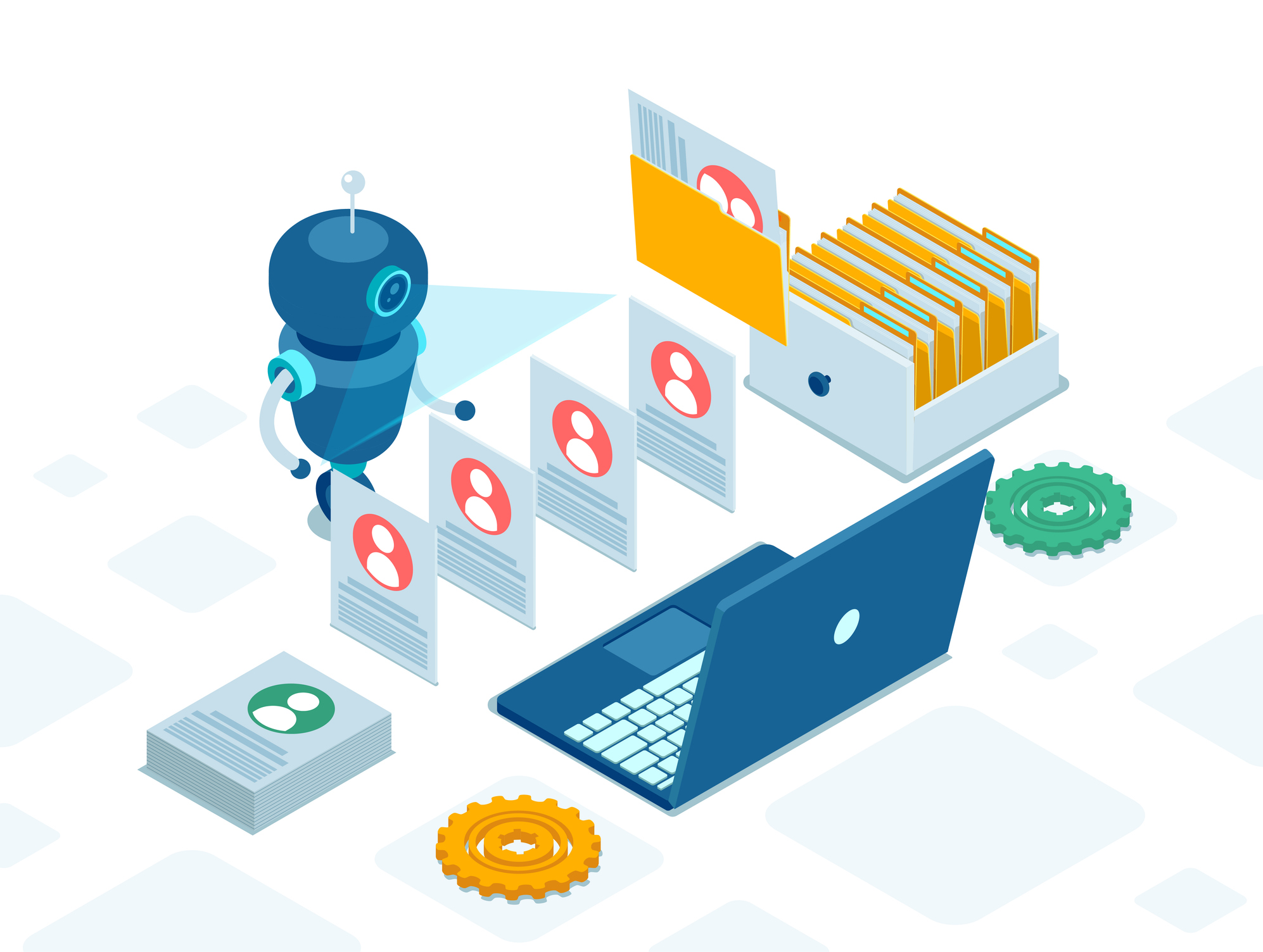 Isometric vector of a robot analyzes employee database or personnel. Data processing and HR services concept